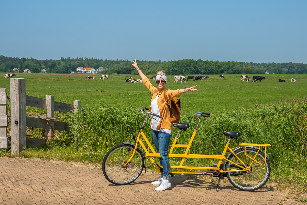 Frau sitzt auf gelbem Tandemrad in Holland auf Texel